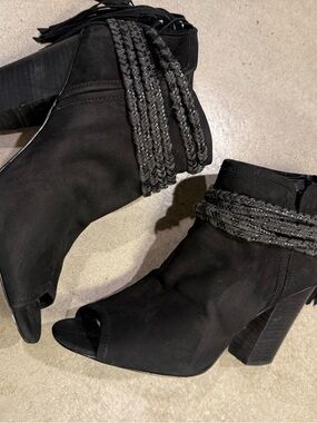 BCBGeneration Black Leather Peep-Toe Braided Ankle Booties